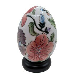 Vintage Porcelain Floral Egg With Wooden Stand Asian Oriental Decor Curio Table